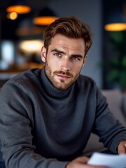 Fototapeta premium Serious man in a turtleneck sweater – Handsome young man with a beard and styled hair, wearing a dark turtleneck sweater. Thoughtful expression in a cozy, dimly lit environment.