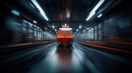 A dynamic view of a boat in motion through an industrial setting.