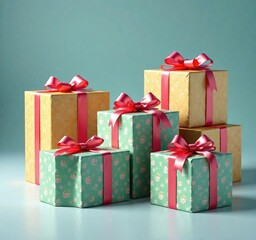 Fototapeta premium Presents wrapped in bright wrapping paper with bows , gift wrapping ideas, colorful presents