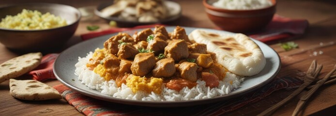 Fototapeta premium plate of steaming chicken curry with fluffy rice and a side of naan bread , golden brown , tender, spicy