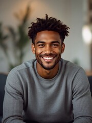 Fototapeta premium Smiling man in a gray sweater – Handsome young man with curly hair, wearing a gray sweater, sitting indoors with a warm smile. Soft natural lighting in a cozy setting.