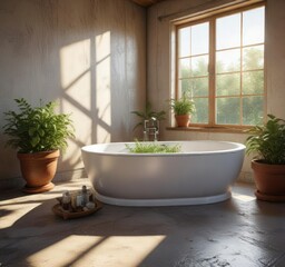 Fototapeta premium Pflanzen um die alte Badewanne herum wachsen in der Sonne, garden, outdoor