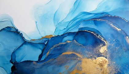 abstract alcohol ink hand painted texture blue tone with gold
