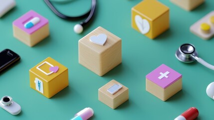 Fototapeta premium Colorful Health Icons and Medical Tools on Background