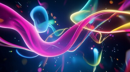 Abstract vibrant multicolored luminous shapes floating in dark space with bokeh effect