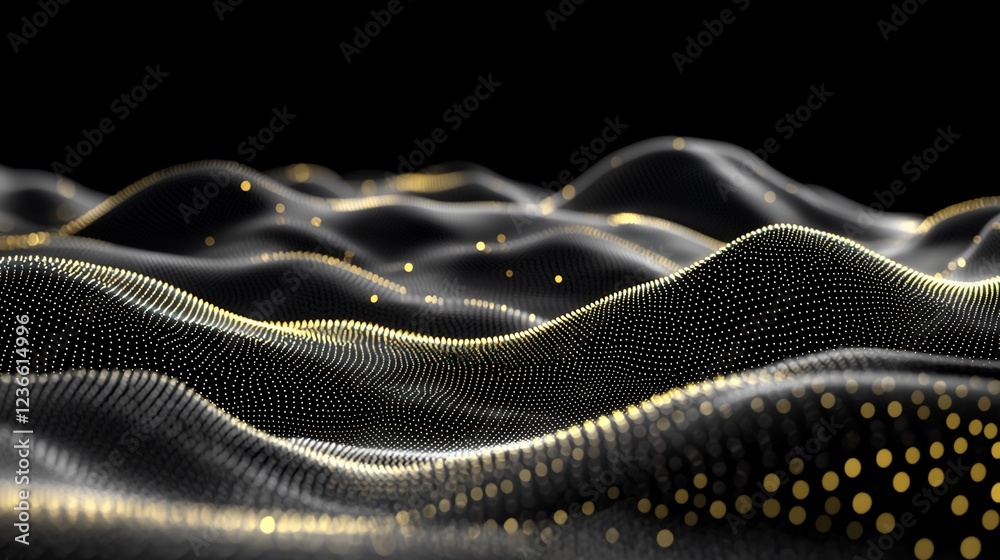 Poster abstract dark background with golden particles forming wavy landscape.