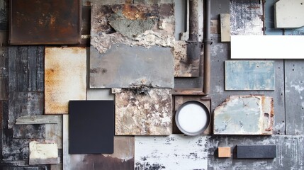 Abstract Collage of Rustic and Industrial Textures Weathered Metal, Wood, and Paint