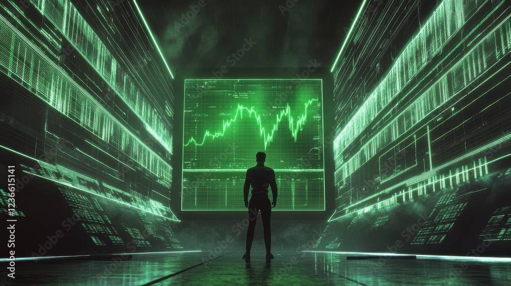 Poster abstract digital data visualization with green lines and peaks showcasing statistical trends in a fu
