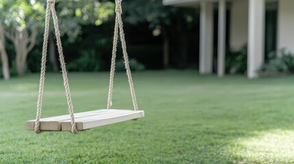 Empty wooden swing in lush garden, house background. Relaxing outdoor scene