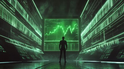 Abstract digital data visualization with green lines and peaks showcasing statistical trends in a futuristic setting.