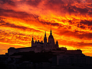 Fototapeta premium Majestic Cathedral Silhouette at Fiery Sunset