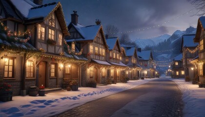 Naklejka premium Snowy village scene with festive lights and decorations, warm atmosphere, bustling streets