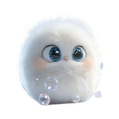 Obraz premium Fluffy 3D Cartoon Character Playing with Glowing Bubble Isolated on Transparent Background