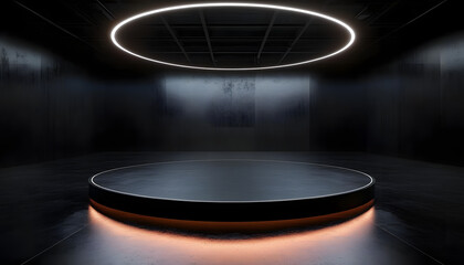 Dark studio space. Circular platform in center. Bright lights reflect. Minimalist design. Modern, futuristic tech style. Ideal for product presentation. Empty room. Powerful, modern, clean digital