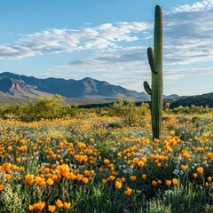Majestic Desert Bloom: Saguaro Cactus amidst a vibrant Wildflower Meadow,