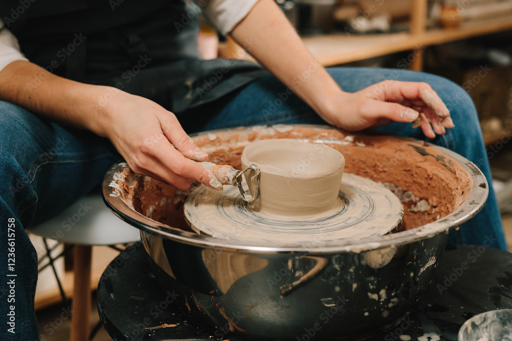 Leinwandbilder Artisan forms clay pot with potters tool on the spinning wheel. Creating ceramic earthenware on the manufacturing.