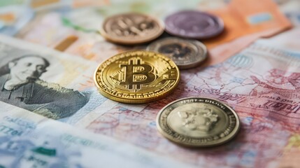 Bitcoin and other coins on global currency notes representing finance
