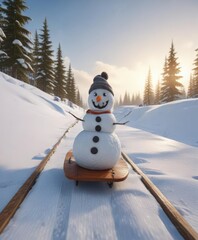 Obraz premium Snowman on toboggan sled reaches extreme speeds before going airborne, extreme speeds, airborne
