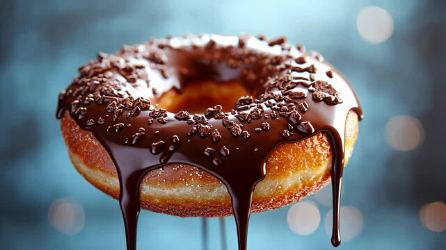 Delicious chocolate-covered donut with sprinkles on a blurred background