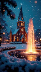 Obraz premium Snowflakes gently falling on a Christmas-lit church, frozen fountain, lit church