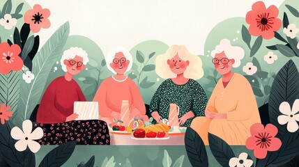 Cheerful elderly women enjoying a picnic amidst colorful flowers