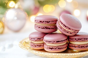 Obraz premium Decadent maroon macarons stacked elegantly on a golden tray with a festive background full of rich colors and lights