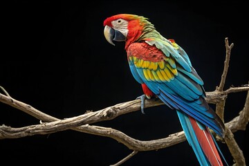 Obraz premium Macaw perched gracefully on a delicate branch. Its feathers are captured with extreme clarity, showcasing their vibrant colors and intricate texture.