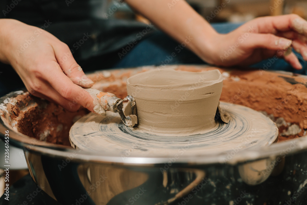 Poster artisan forms clay pot with potters tool on the spinning wheel. creating ceramic earthenware on the 