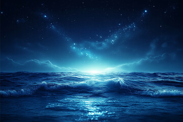 Celestial Sea: A mesmerizing nightscape where a tranquil ocean meets a breathtaking celestial display.  The dark blue waters reflect the luminous stars and nebulae above.
