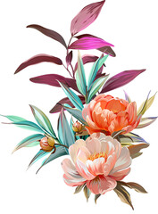 Vector bouquet of flowers. Roses, peonies, rose hips, foliage, bright summer flowers. Rose, peony