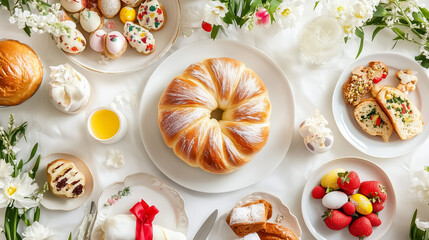A freshly baked Easter kulich is displayed in the center, surrounded by a variety of festive treats arranged on a table, illuminated by soft diffused light