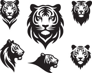 Bengal tiger face silhouette, tiger head vector, tiger face poses, black and white tiger, tiger illustration, wild cat face, tiger expression set, 