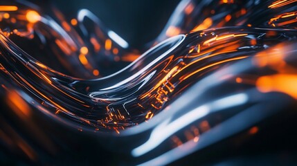 Abstract wavy pattern with illuminated orange lines and blurred spots on dark background