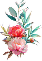 Vector bouquet of flowers. Roses, peonies, rose hips, foliage, bright summer flowers. Rose, peony