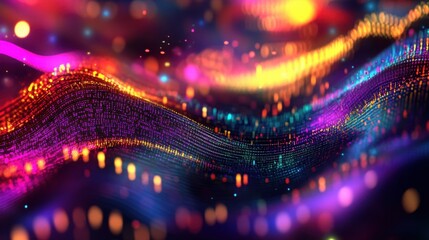 Abstract data visualization with vibrant colors, binary code, and dynamic graphs representing technology and finance.