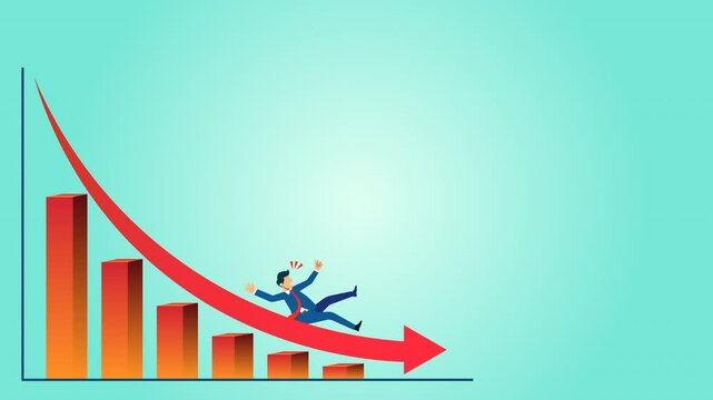animation of failed and bankrupt businesses, downward charts and economic crisis