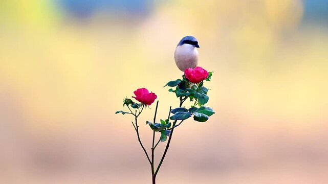 A small bird with white plumage and a distinctive pink beak perches on a branch with two vibrant red roses, set against a blurred background of green and yellow, creating a scene of delicate beauty.