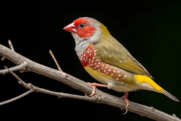 Society Finch perched gracefully on a delicate branch. Its feathers are captured with extreme clarity, showcasing their vibrant colors and intricate texture.