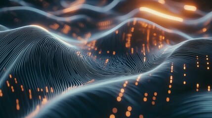 Abstract waves with illuminated dots and lines create a digital landscape background