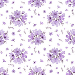Festive loopable pattern with purple cosmos flowers  on a white background. Watercolor ornament  for greeting card, wrapping paper, textile,  wallpaper, cover  and decor.