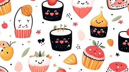 Cheerful Kawaii Food Pattern with Smiling Sushi and Playful Cupcakes