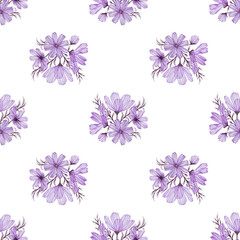 Seamless pattern with purple cosmos flowers  on a white background. Floral ornament  for greeting card, digital paper, textile,  wallpaper, dress  and decor.