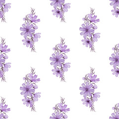Cute floral pattern with blue cosmos flowers isolated  on a white background. Floral ornament  for greeting card, digital paper, textile,  wallpaper, dress  and decor.
