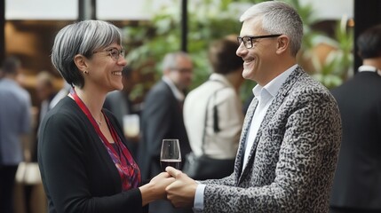 Two people holding hands at an event with others in the background and a wine glass