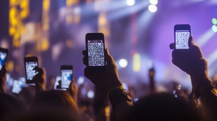 Crowd at concert using smartphone to scan a QR code with lights at night