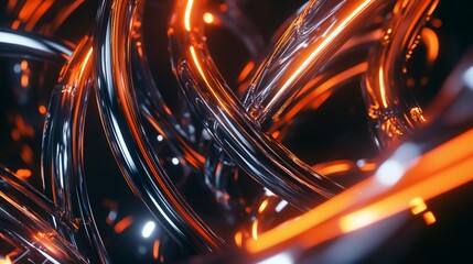 Abstract 3D rendering of intertwined chrome tubes with glowing orange elements