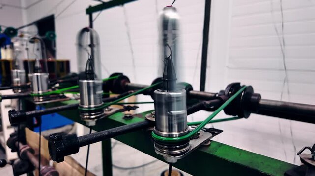 An automated spinning loom efficiently weaves threads in a factory setting, showcasing the fast-paced industrial production process. The advanced machinery works seamlessly to create fabric with