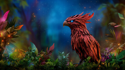 Fototapeta premium captivating digital illustration of mythical creature resembling eagle, crafted from vibrant leaves and set against mystical forest backdrop. creature striking blue eyes and intricate details