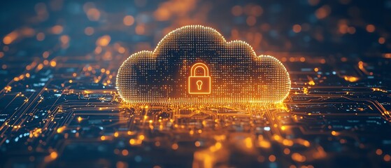 An innovative cloud storage design featuring a metallic microchip and a secure padlock symbol, highlighting data protection and cybersecurity in cloud computing, 8K ultradetailed