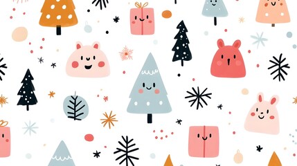 Whimsical Kawaii Holiday Pattern with Smiling Trees, Cheerful Gifts, and Playful Snowflakes on